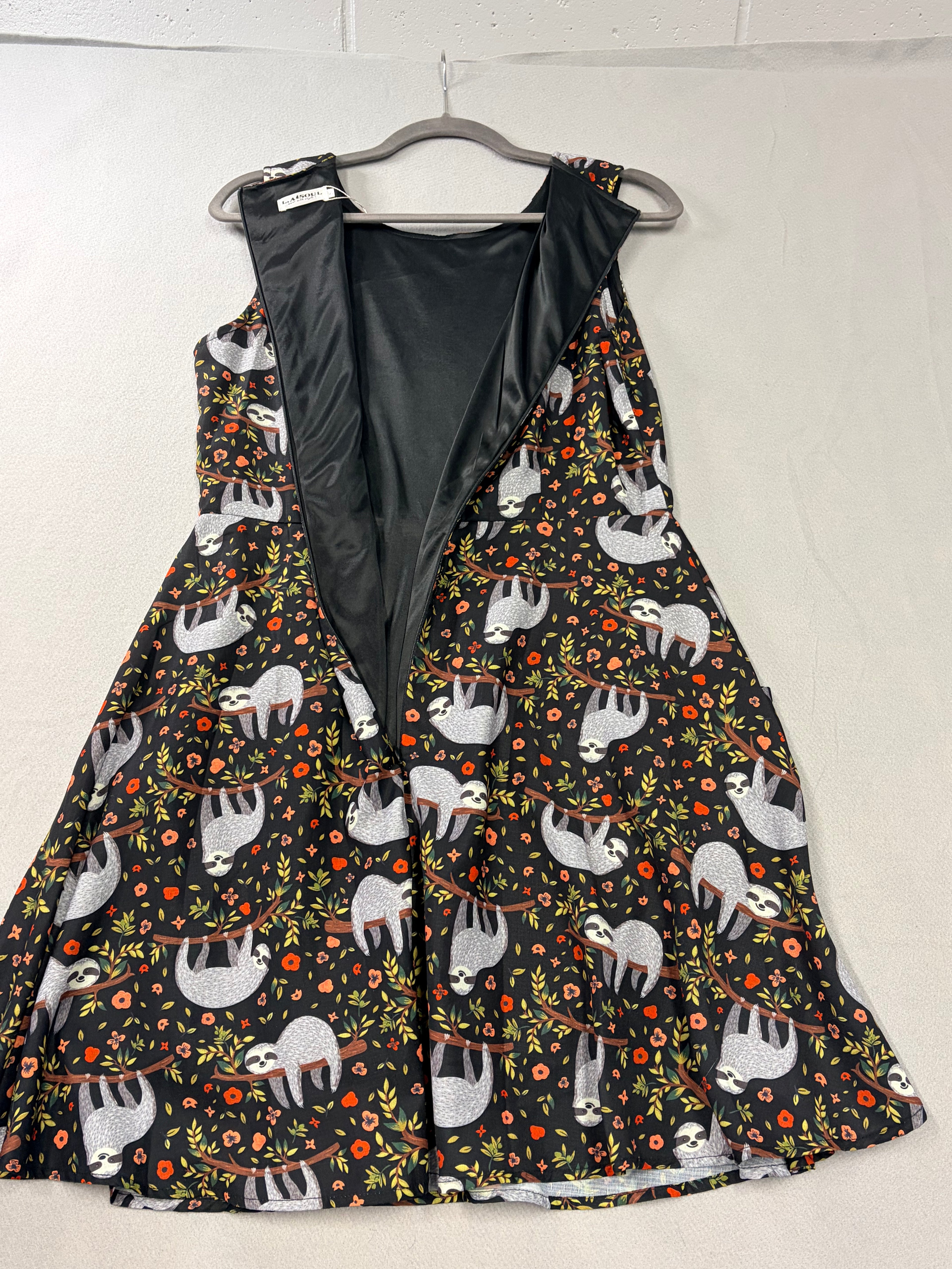 LA Soul DR-1820 Sloth Print Sleeveless A-Line Dress S Black Women's