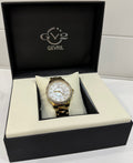 Gold watch in a black GEVRIL box on a white background