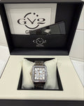 Silver watch in a black and white box with 'GEVRL' branding.