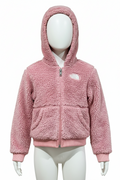 Pink sherpa jacket on a hanger against a white background