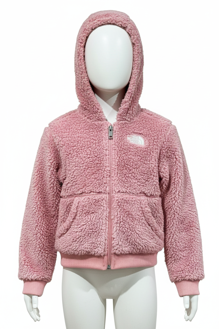 Pink sherpa jacket on a hanger against a white background