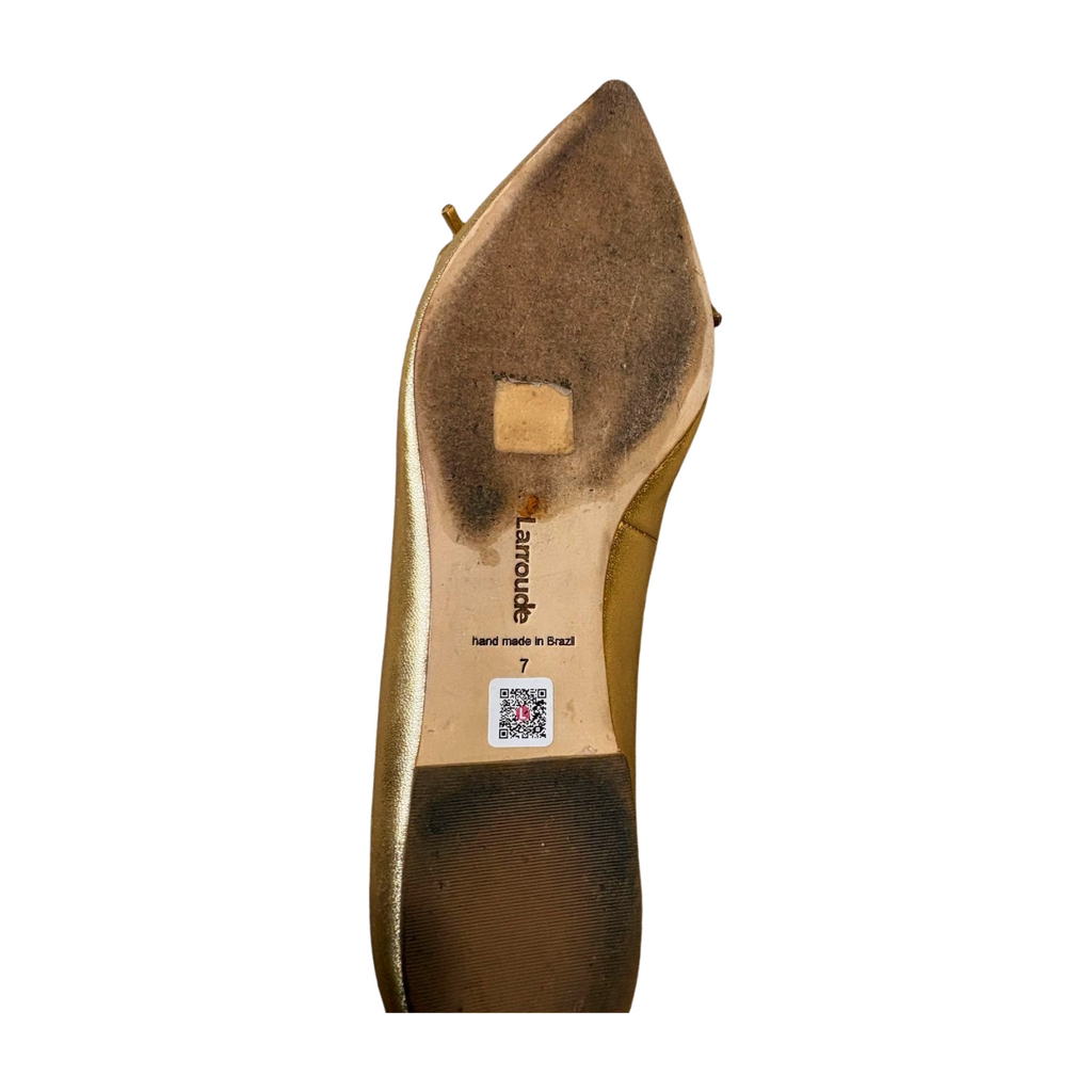 Larroudé Lee Gold Metallic Pointed Toe Bow Flats - Women's Size US7