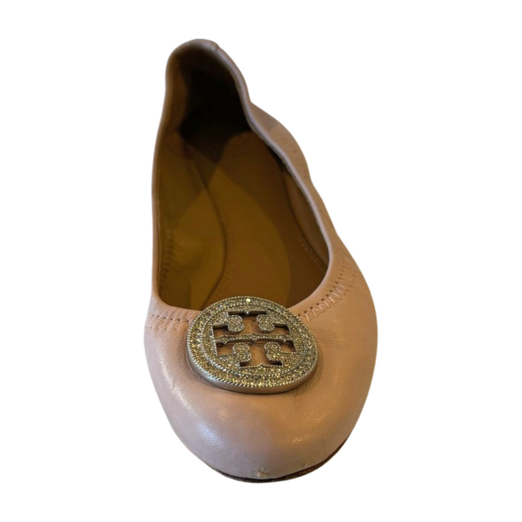 Tory Burch Minnie Travel Ballet Flats - Pink with Crystal Logo - Size 7