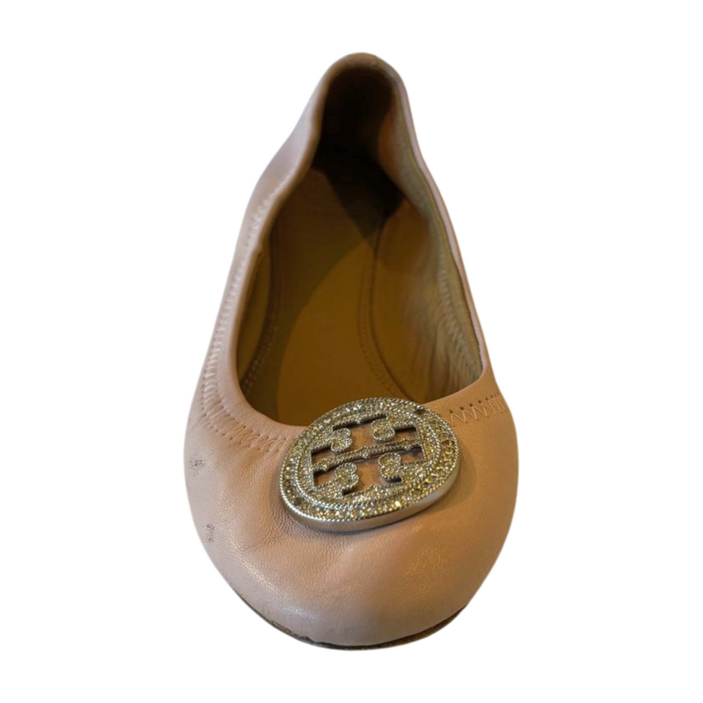 Tory Burch Minnie Travel Ballet Flats - Pink with Crystal Logo - Size 7