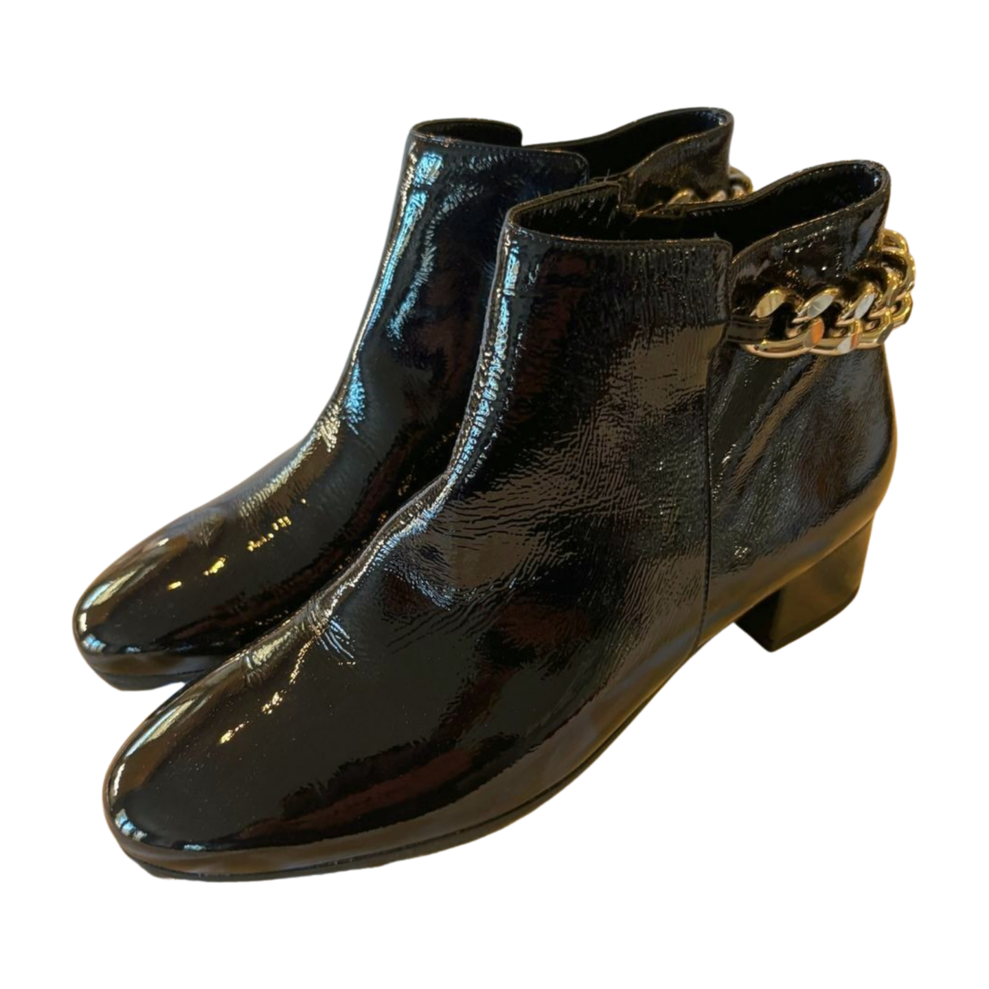 Cristina Elle Black Patent Leather Chain Ankle Boots - Size 8 - Made in Italy