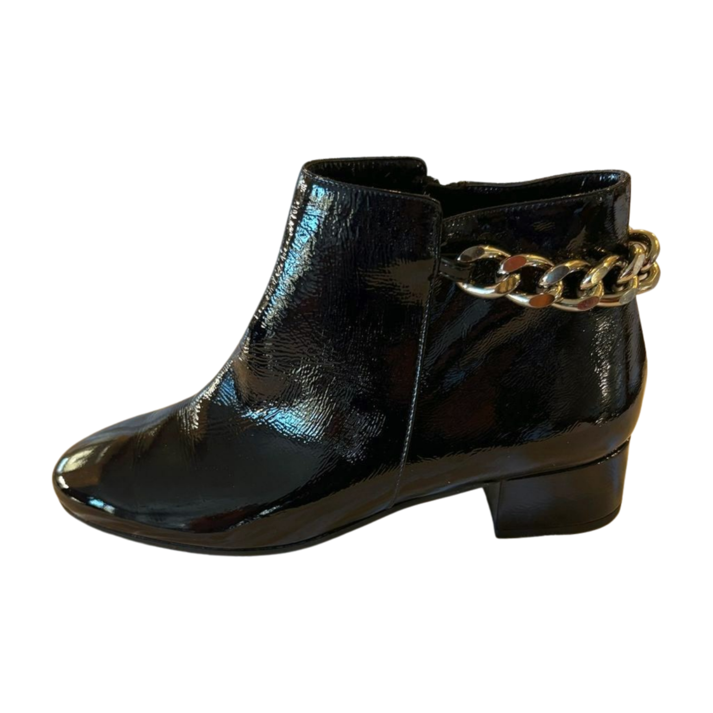 Cristina Elle Black Patent Leather Chain Ankle Boots - Size 8 - Made in Italy