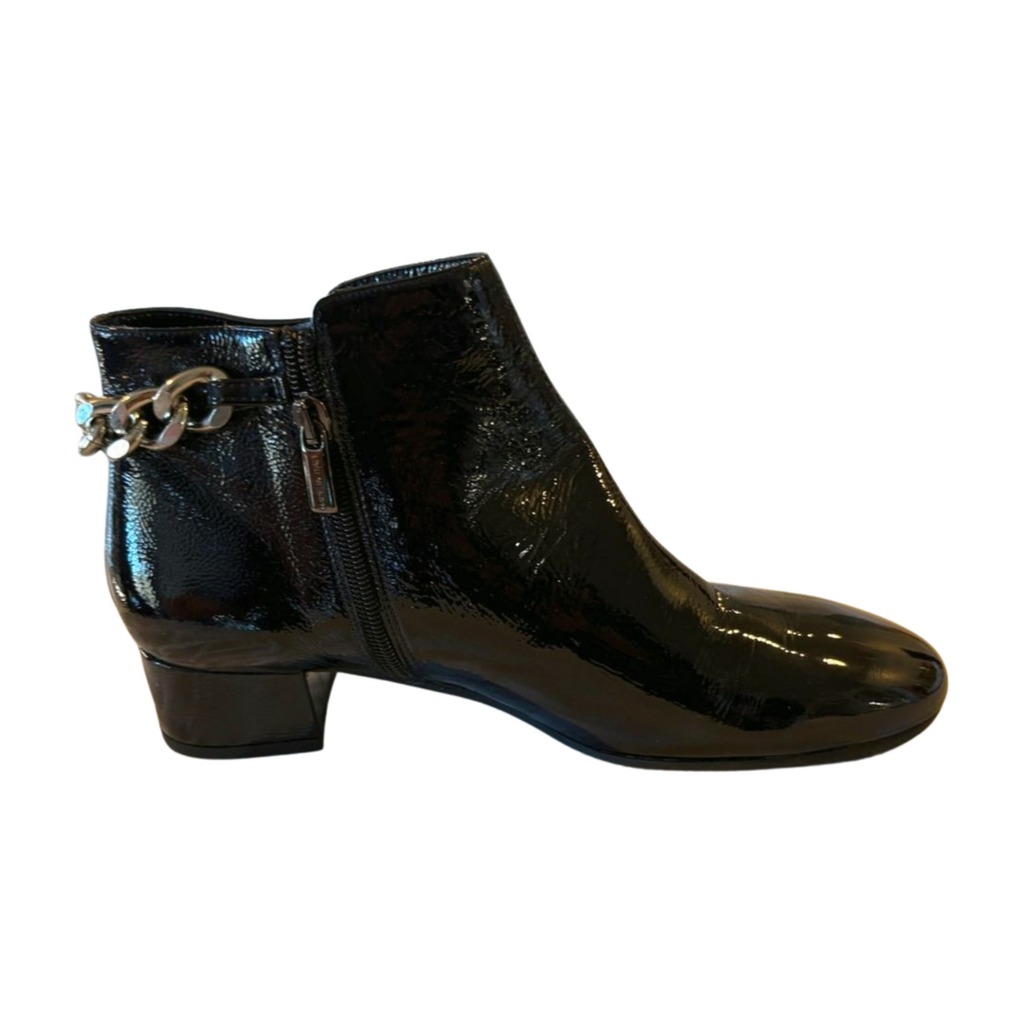 Cristina Elle Black Patent Leather Chain Ankle Boots - Size 8 - Made in Italy