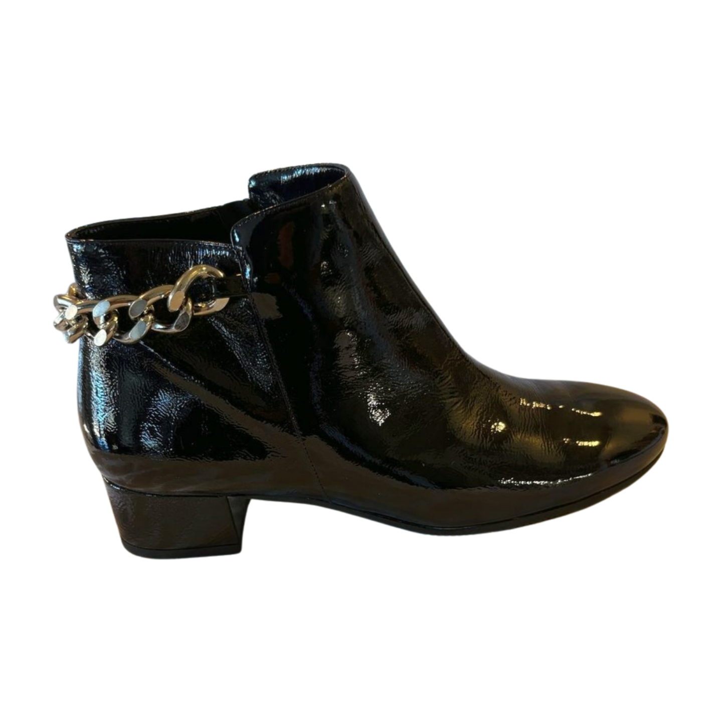 Cristina Elle Black Patent Leather Chain Ankle Boots - Size 8 - Made in Italy