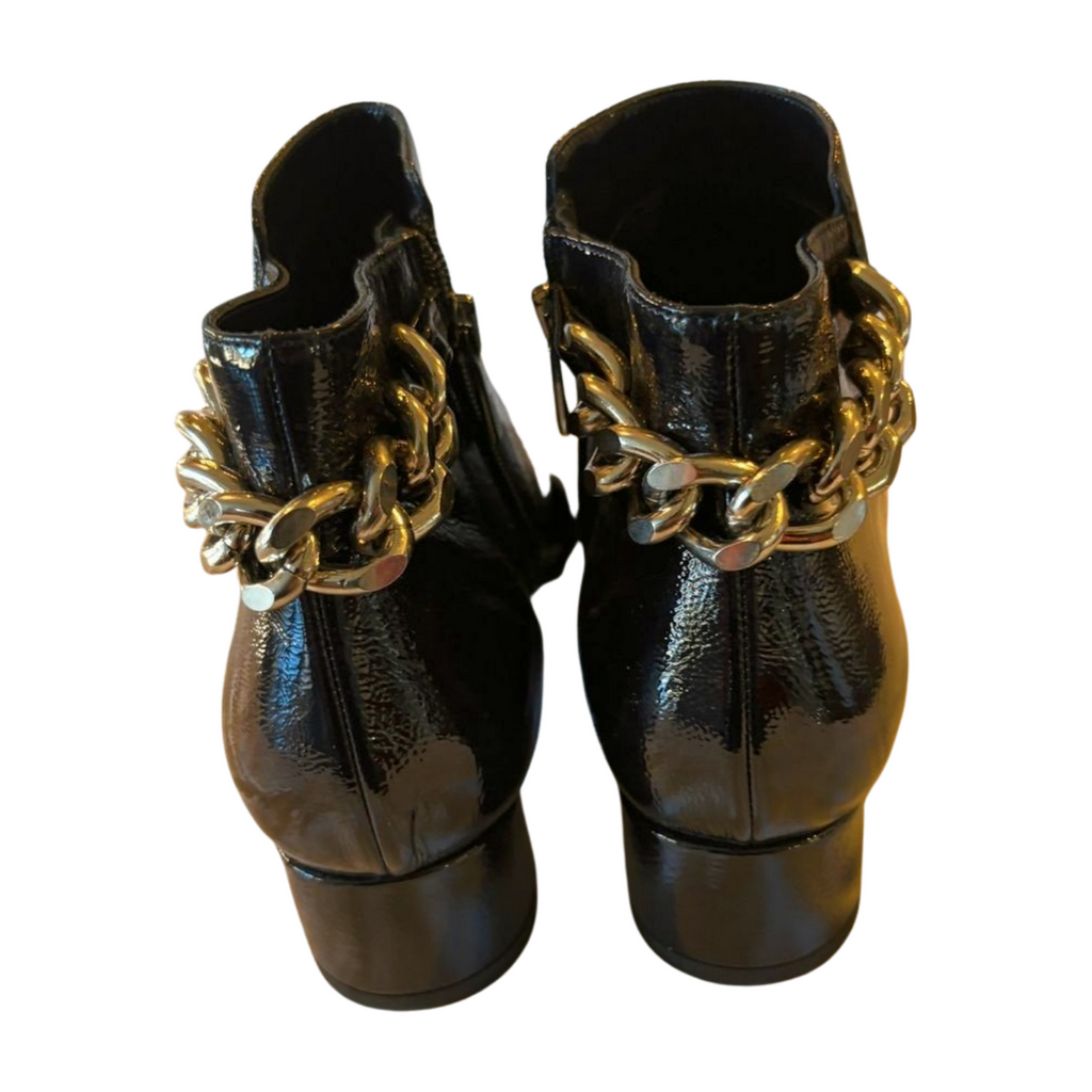 Cristina Elle Black Patent Leather Chain Ankle Boots - Size 8 - Made in Italy