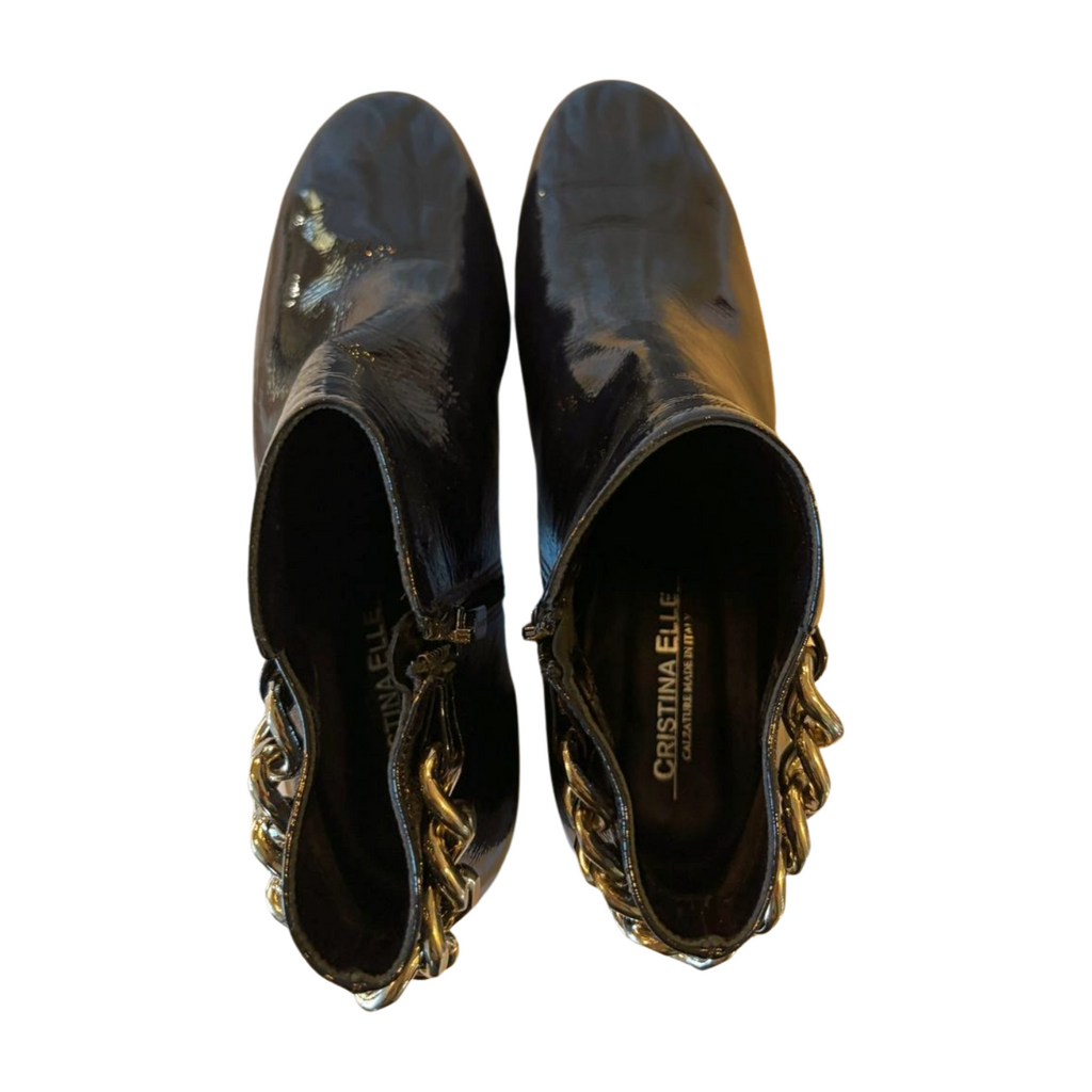 Cristina Elle Black Patent Leather Chain Ankle Boots - Size 8 - Made in Italy