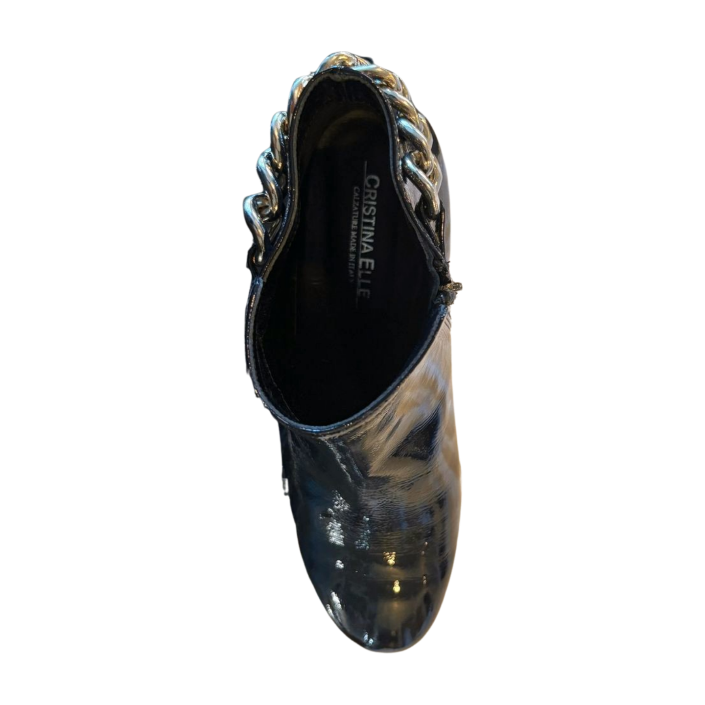 Cristina Elle Black Patent Leather Chain Ankle Boots - Size 8 - Made in Italy