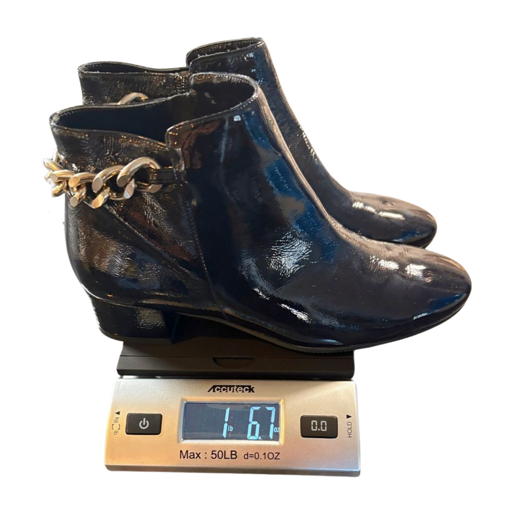 Cristina Elle Black Patent Leather Chain Ankle Boots - Size 8 - Made in Italy