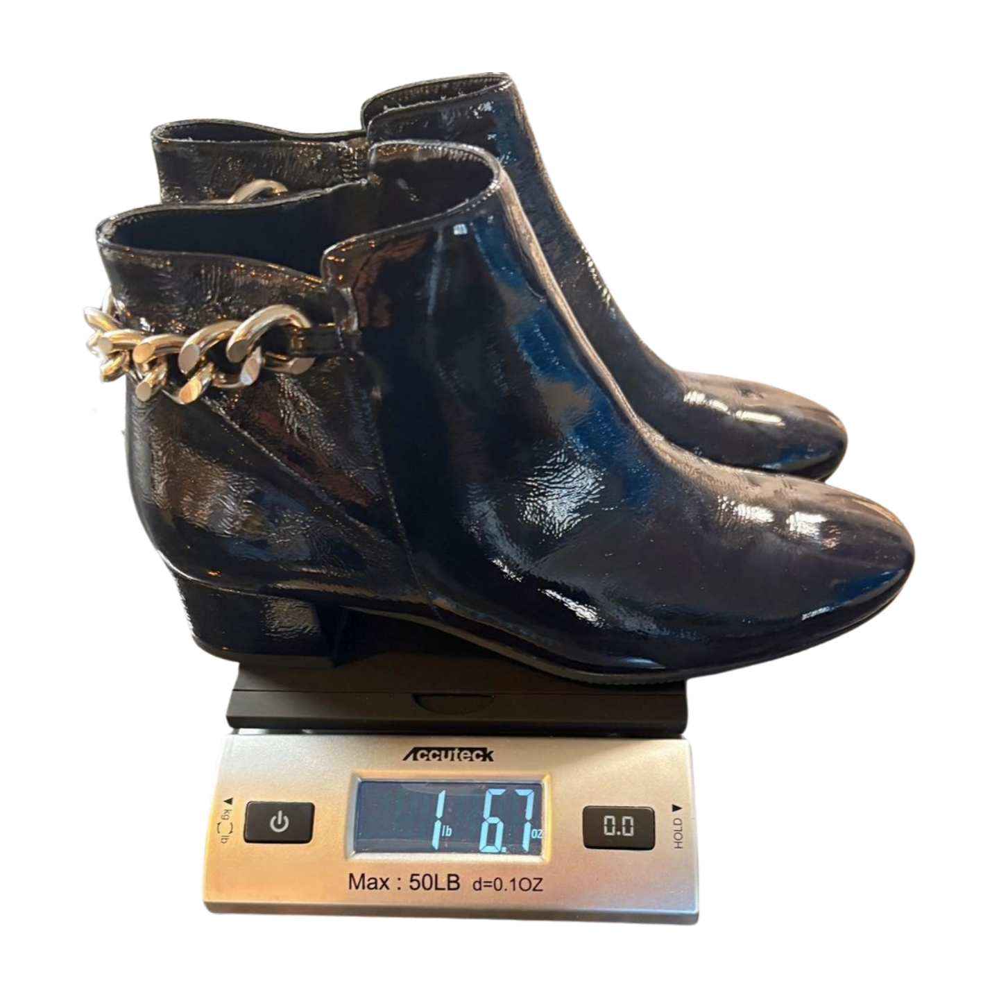 Cristina Elle Black Patent Leather Chain Ankle Boots - Size 8 - Made in Italy