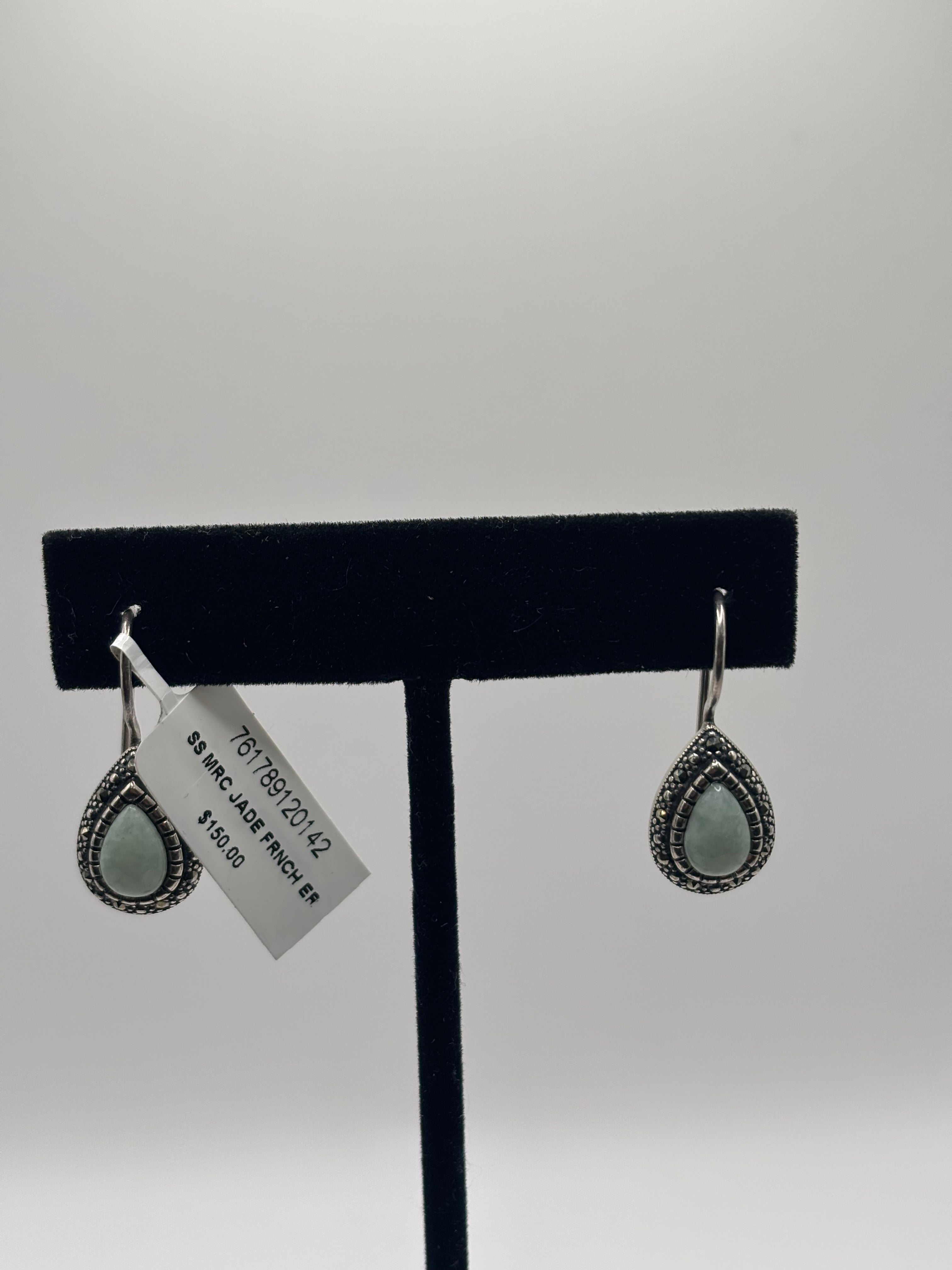 Macys Jade & Marcasite Teardrop Earrings in Sterling Silver - NWT