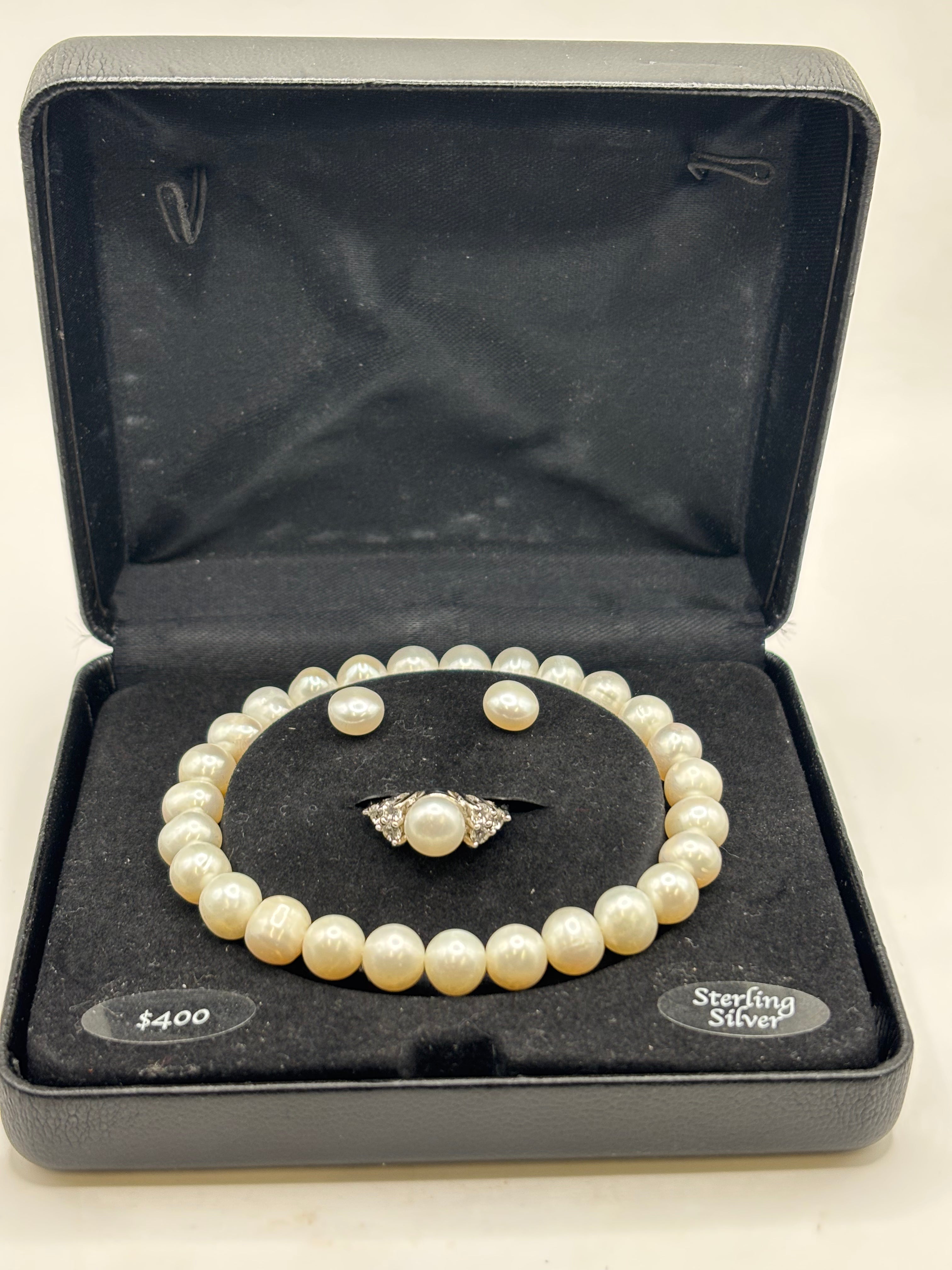 R.H. Macys Fine Jewelry Pearl Set - Bracelet Earrings & Ring - New in Box
