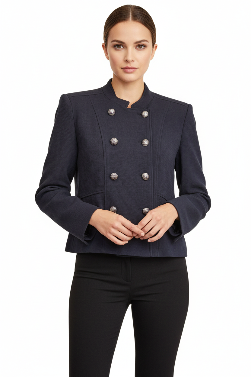 Navy blue jacket with silver buttons on a hanger against a white background