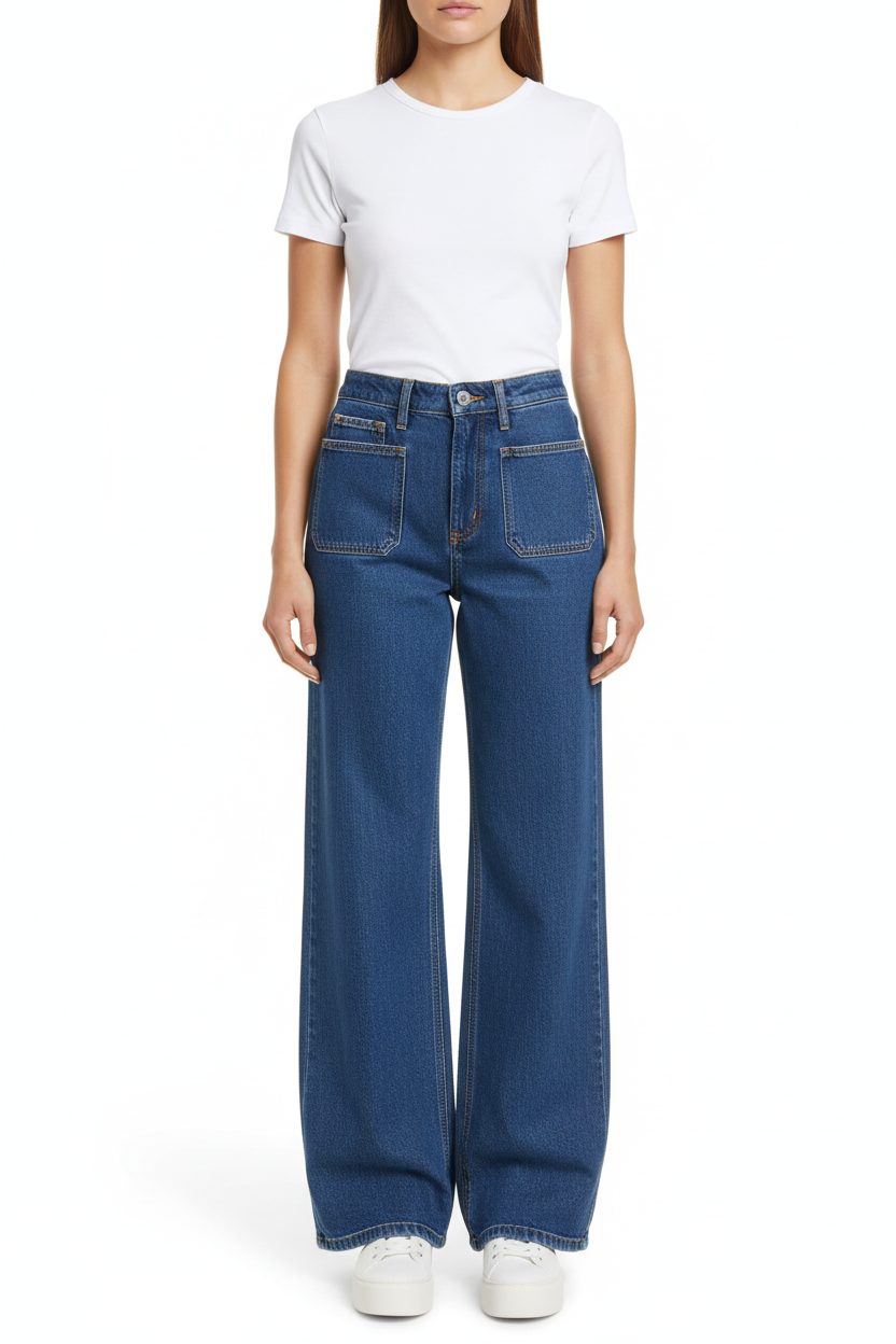 Blue jeans on a hanger against a white background