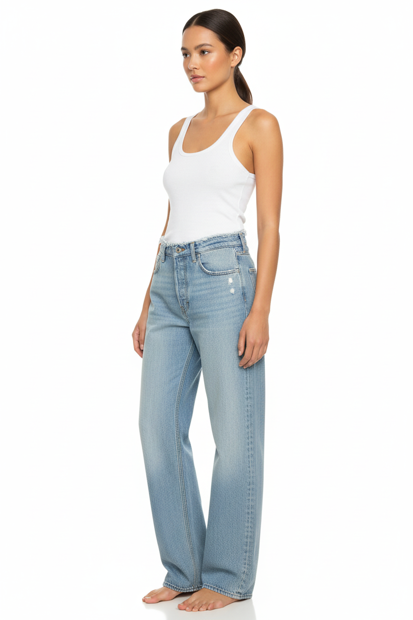 Pair of light blue jeans on a hanger against a white background