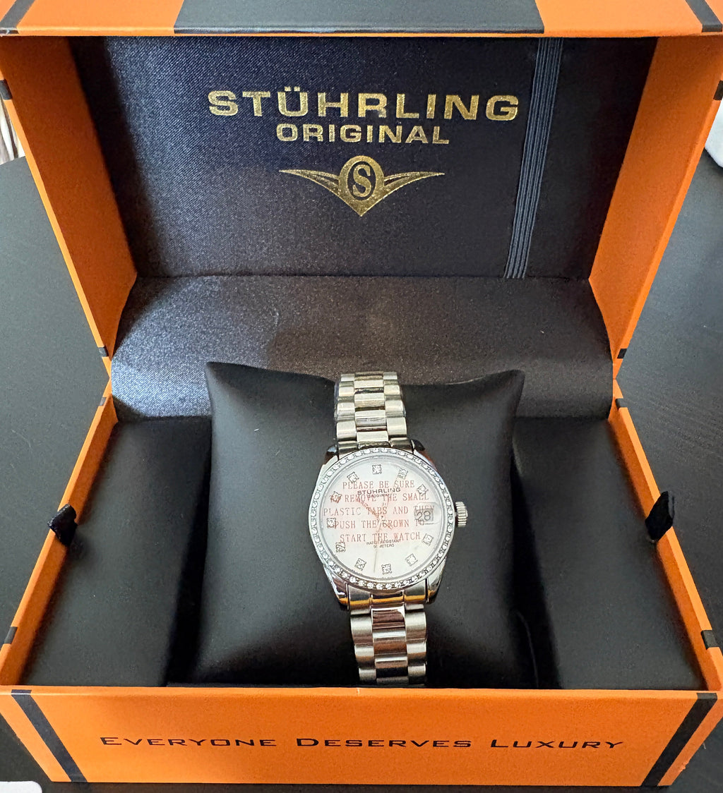 Stuhrling Women's Quartz Crystal Studded Bezel MOP Dial Stainless Steel Bracelet
