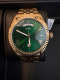 Fossil Campbell FS6142 Mens Green Sunray Dial Gold Tone Day Date Watch NWT