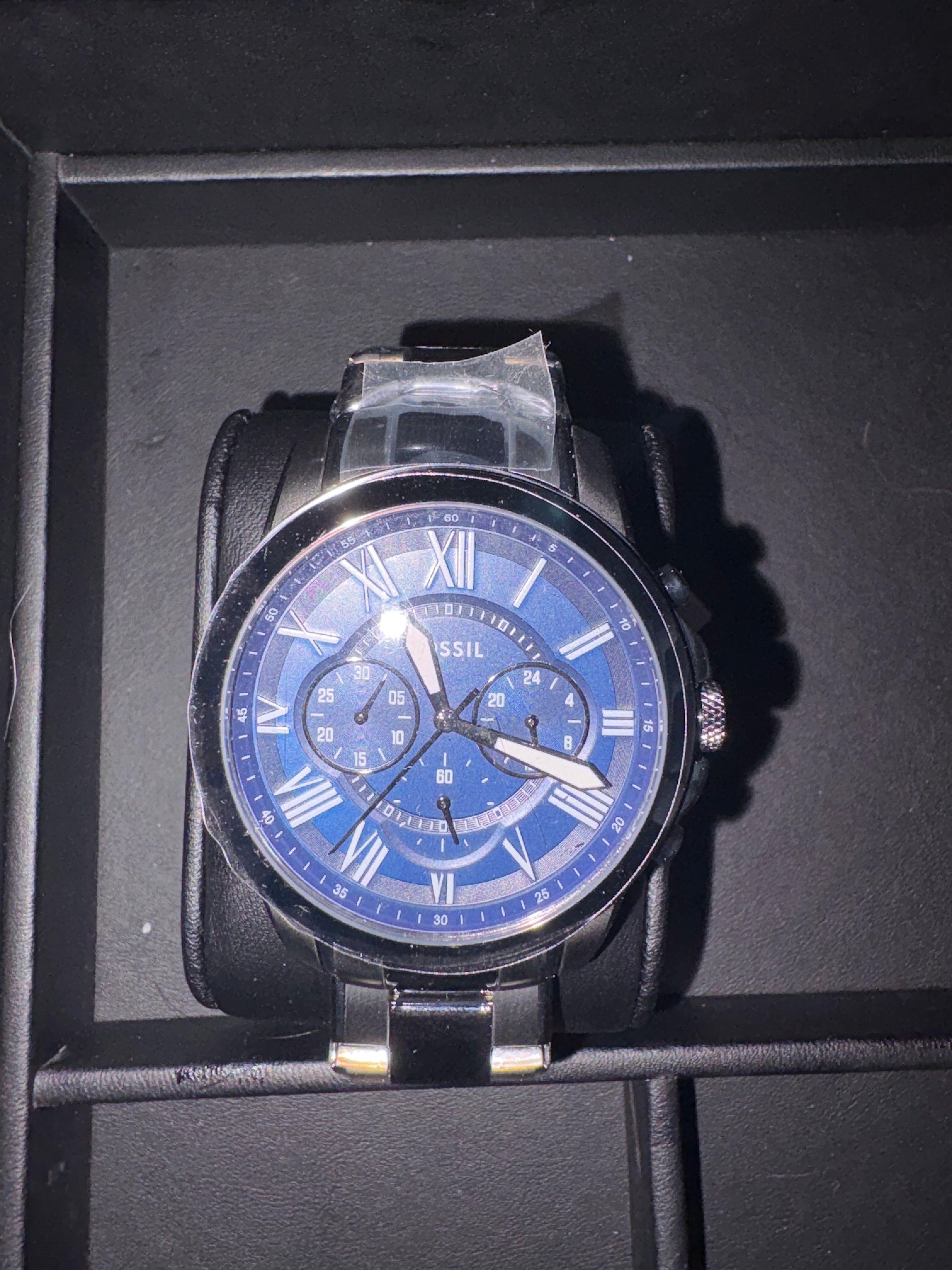 Fossil Grant Chronograph FS6133 Mens Blue Dial Gunmetal SS Watch NWT