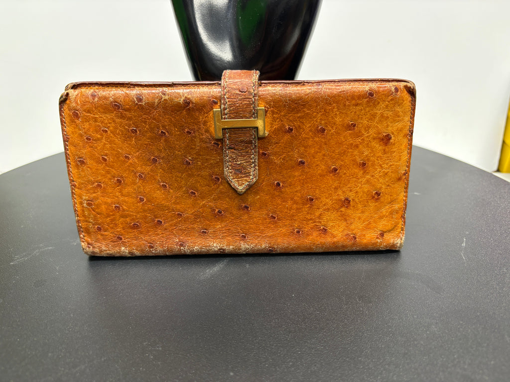 Hermes Bearn Wallet Ostrich Leather Cognac Gold H Clasp Bifold Gold
