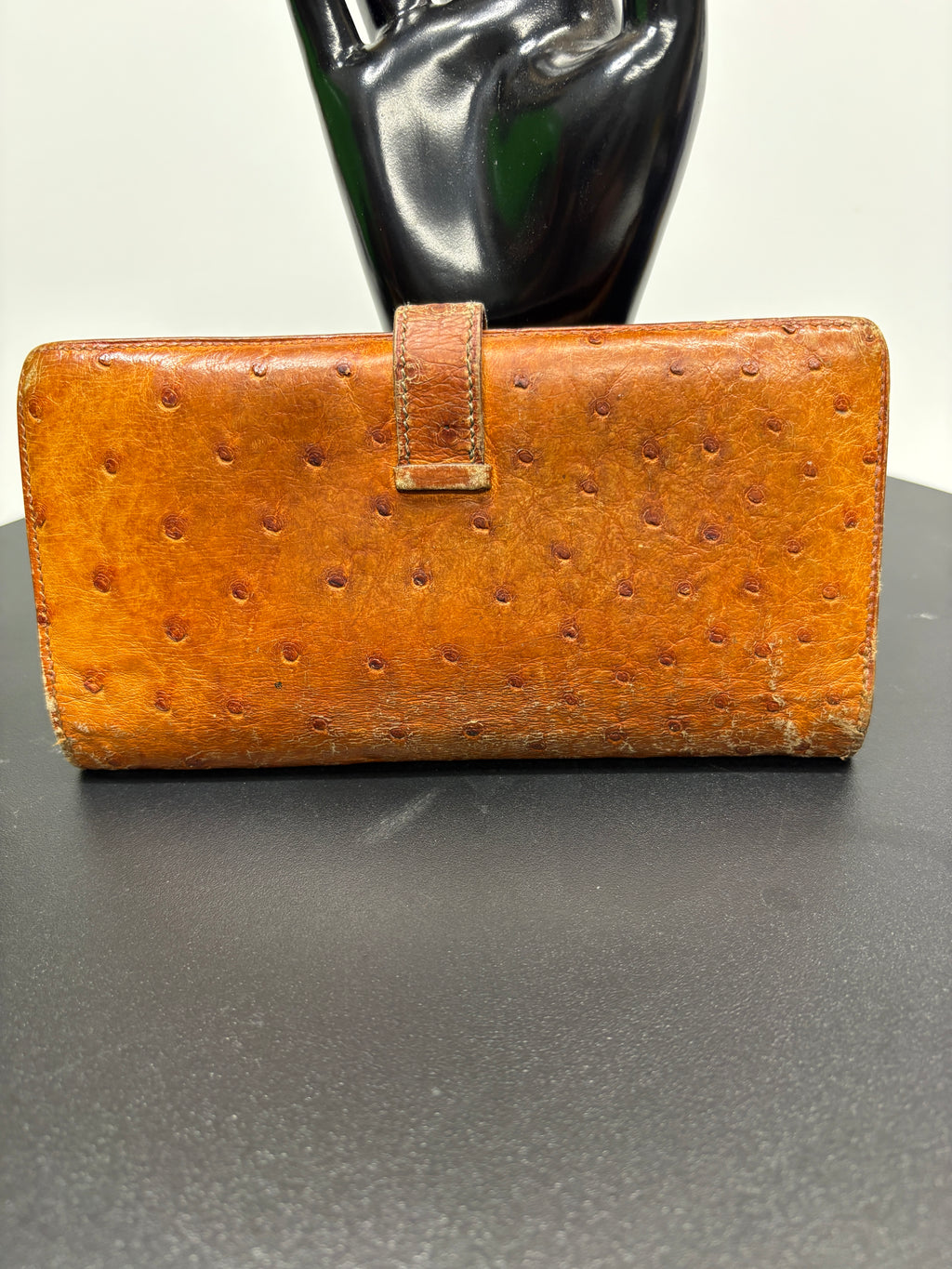 Hermes Bearn Wallet Ostrich Leather Cognac Gold H Clasp Bifold Gold