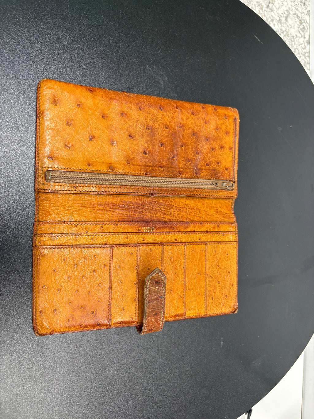 Hermes Bearn Wallet Ostrich Leather Cognac Gold H Clasp Bifold Gold