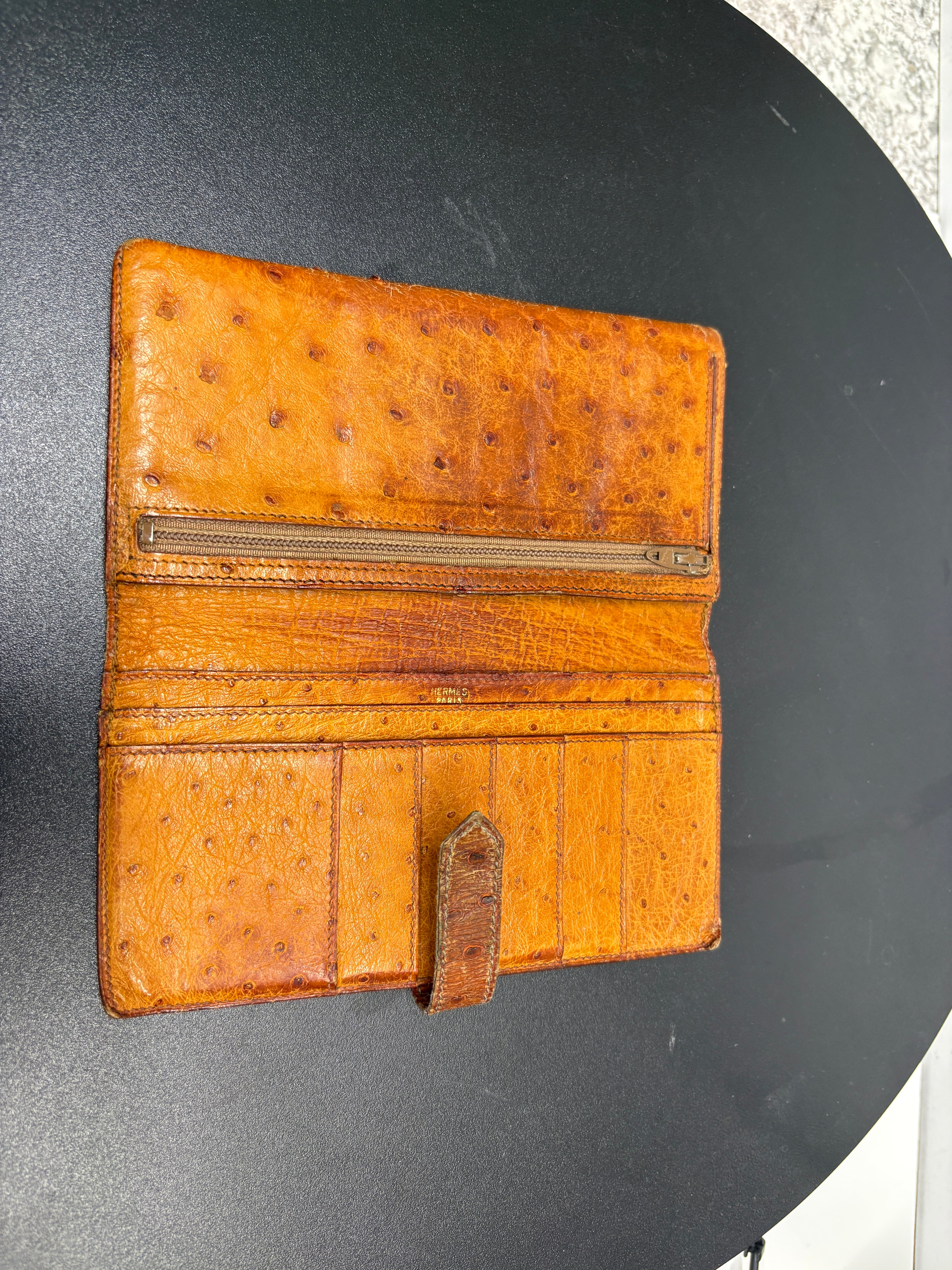 Hermes Bearn Wallet Ostrich Leather Cognac Gold H Clasp Bifold Gold