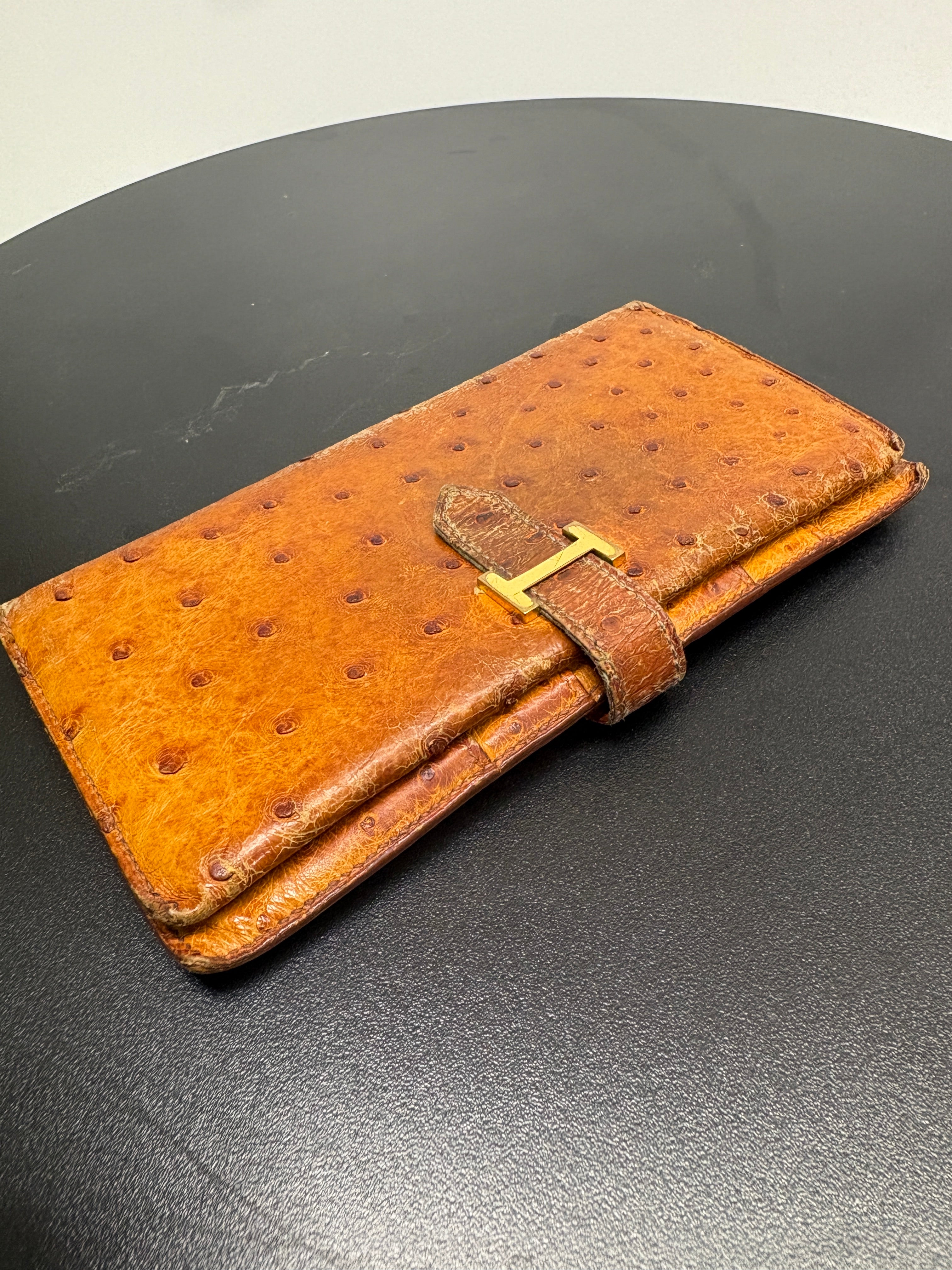 Hermes Bearn Wallet Ostrich Leather Cognac Gold H Clasp Bifold Gold
