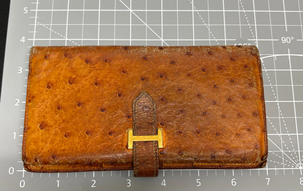 Hermes Bearn Wallet Ostrich Leather Cognac Gold H Clasp Bifold Gold