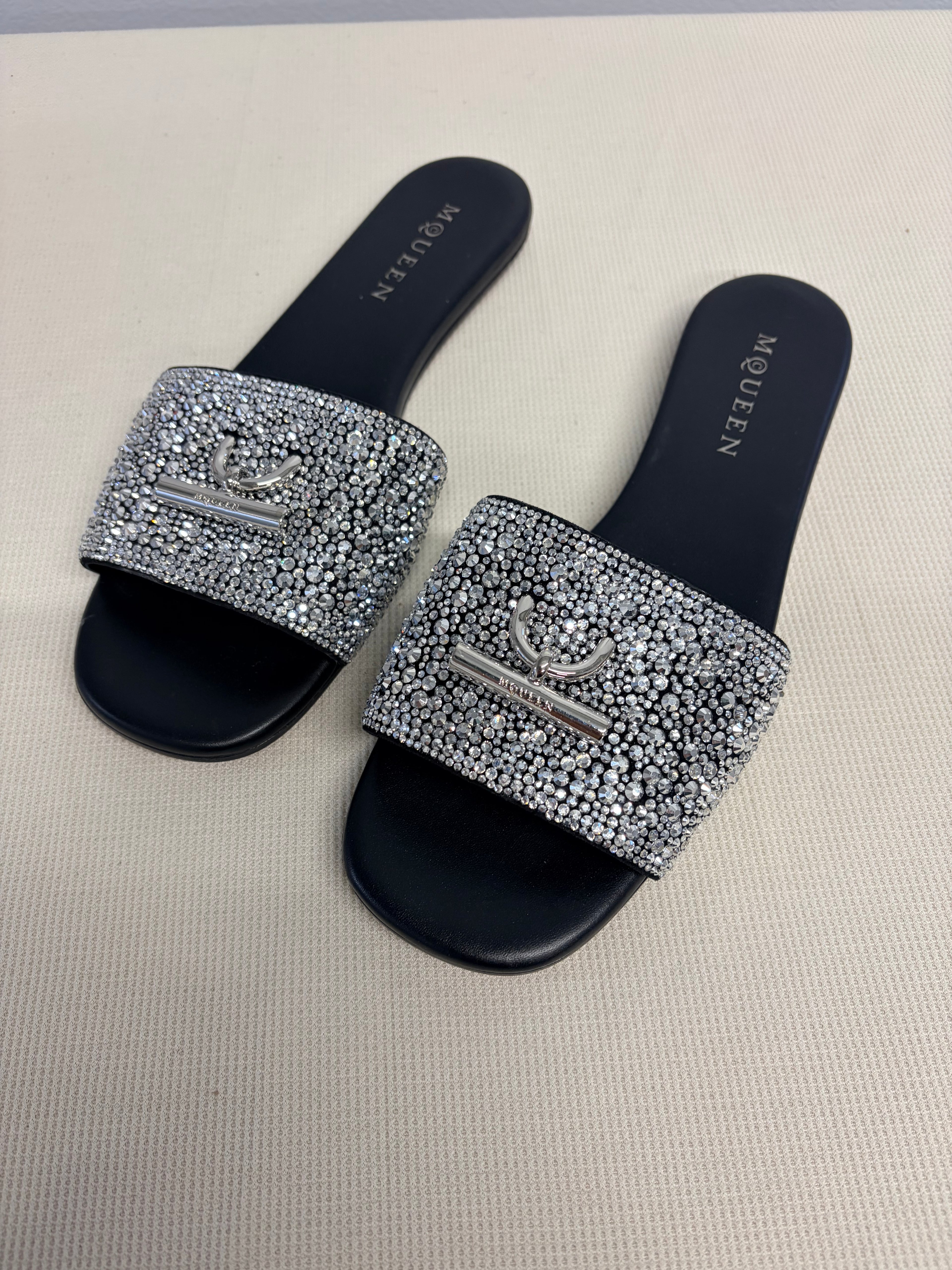 Alexander McQueen Black Crystal T-Bar Slide Sandals Size 40 - New