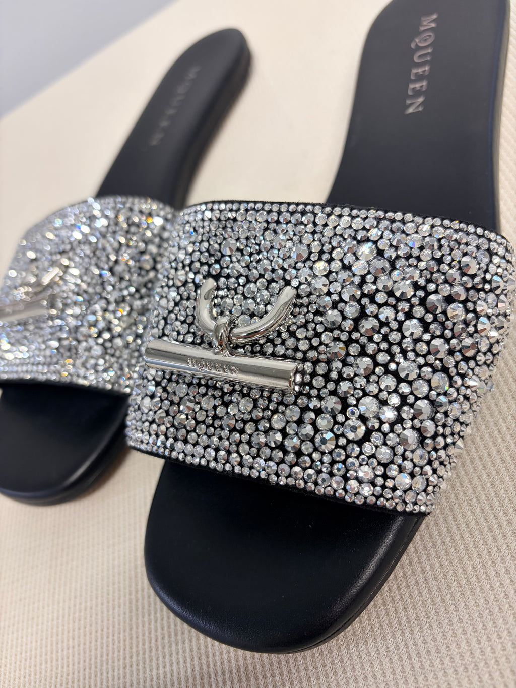 Alexander McQueen Black Crystal T-Bar Slide Sandals Size 40 - New
