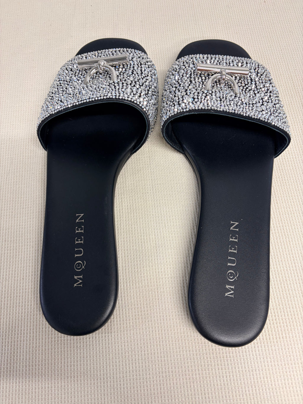 Alexander McQueen Black Crystal T-Bar Slide Sandals Size 40 - New