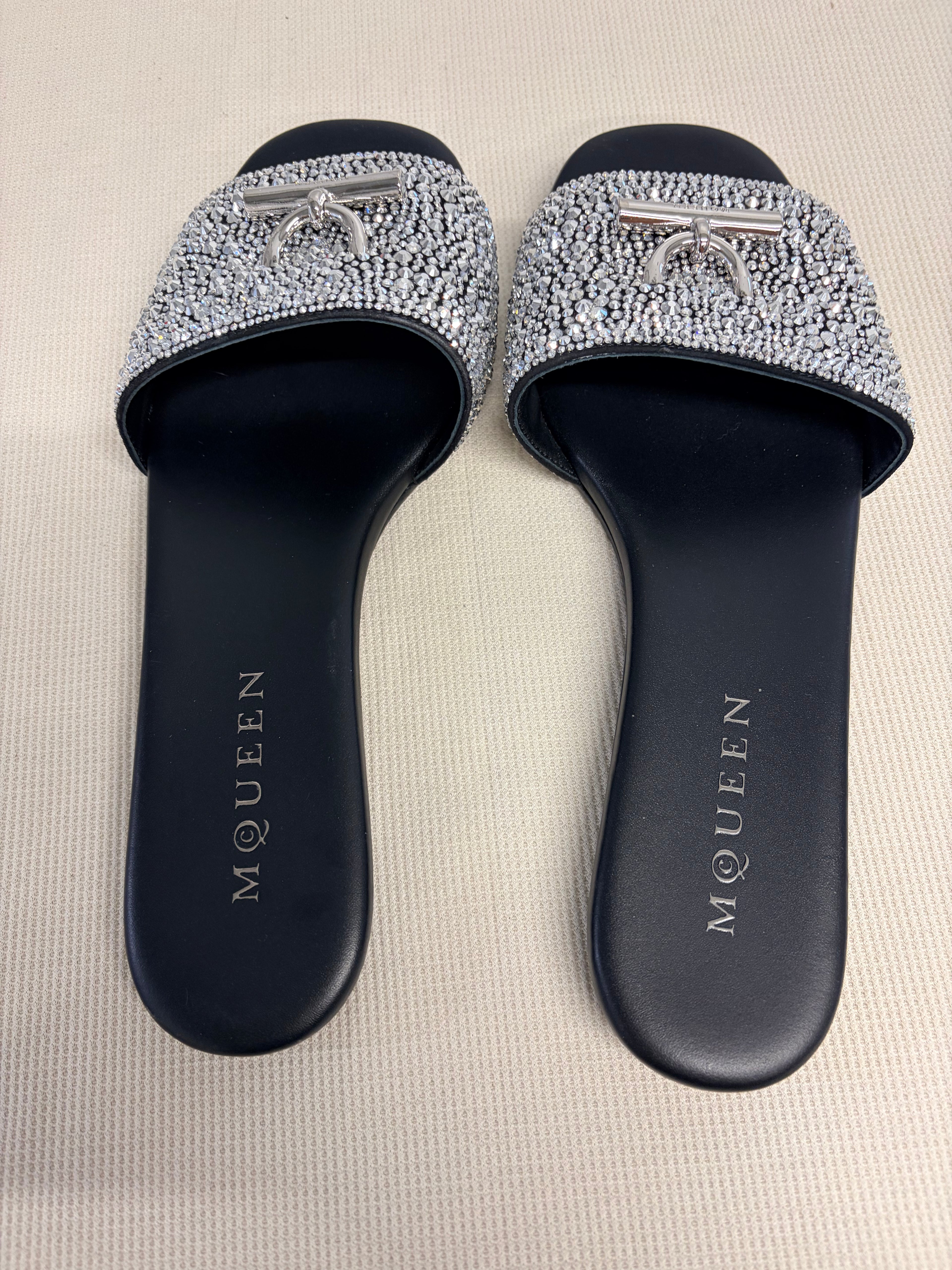 Alexander McQueen Black Crystal T-Bar Slide Sandals Size 40 - New