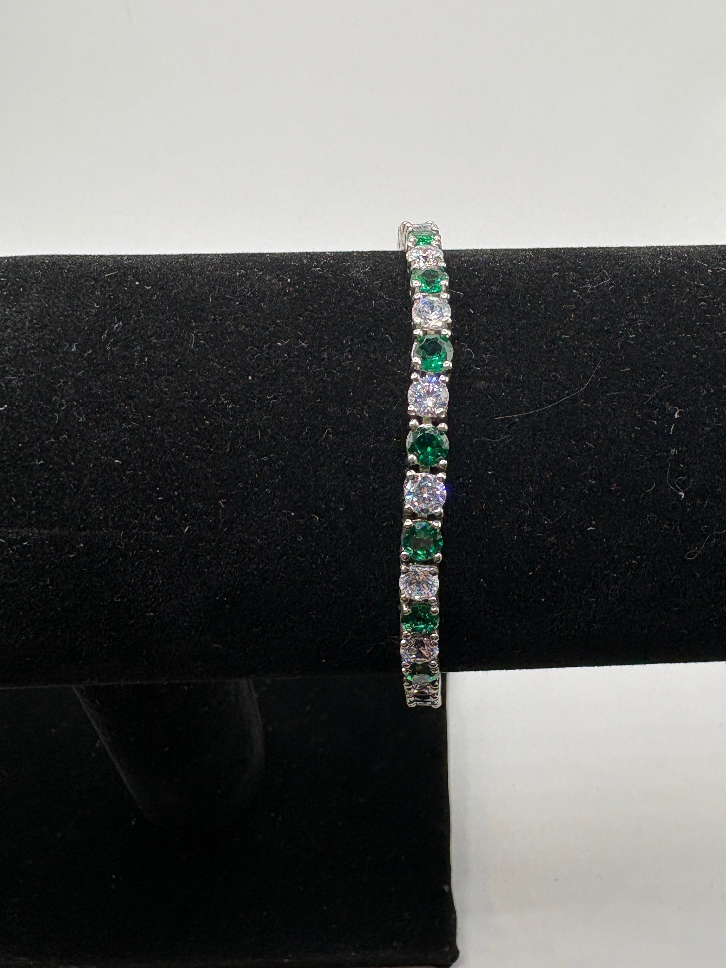 Lab-Grown Emerald and Cubic Zirconia Tennis Bracelet