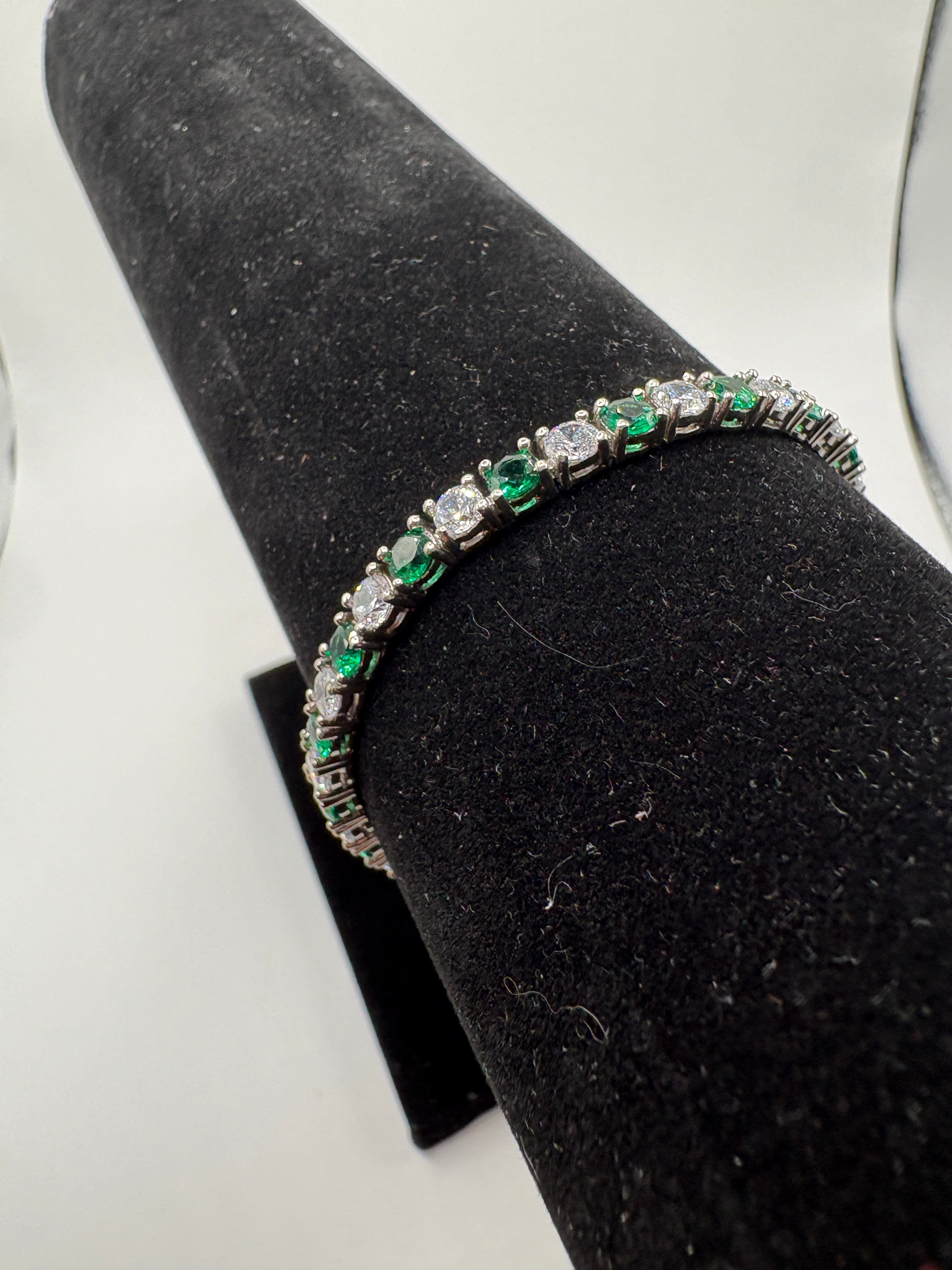 Lab-Grown Emerald and Cubic Zirconia Tennis Bracelet