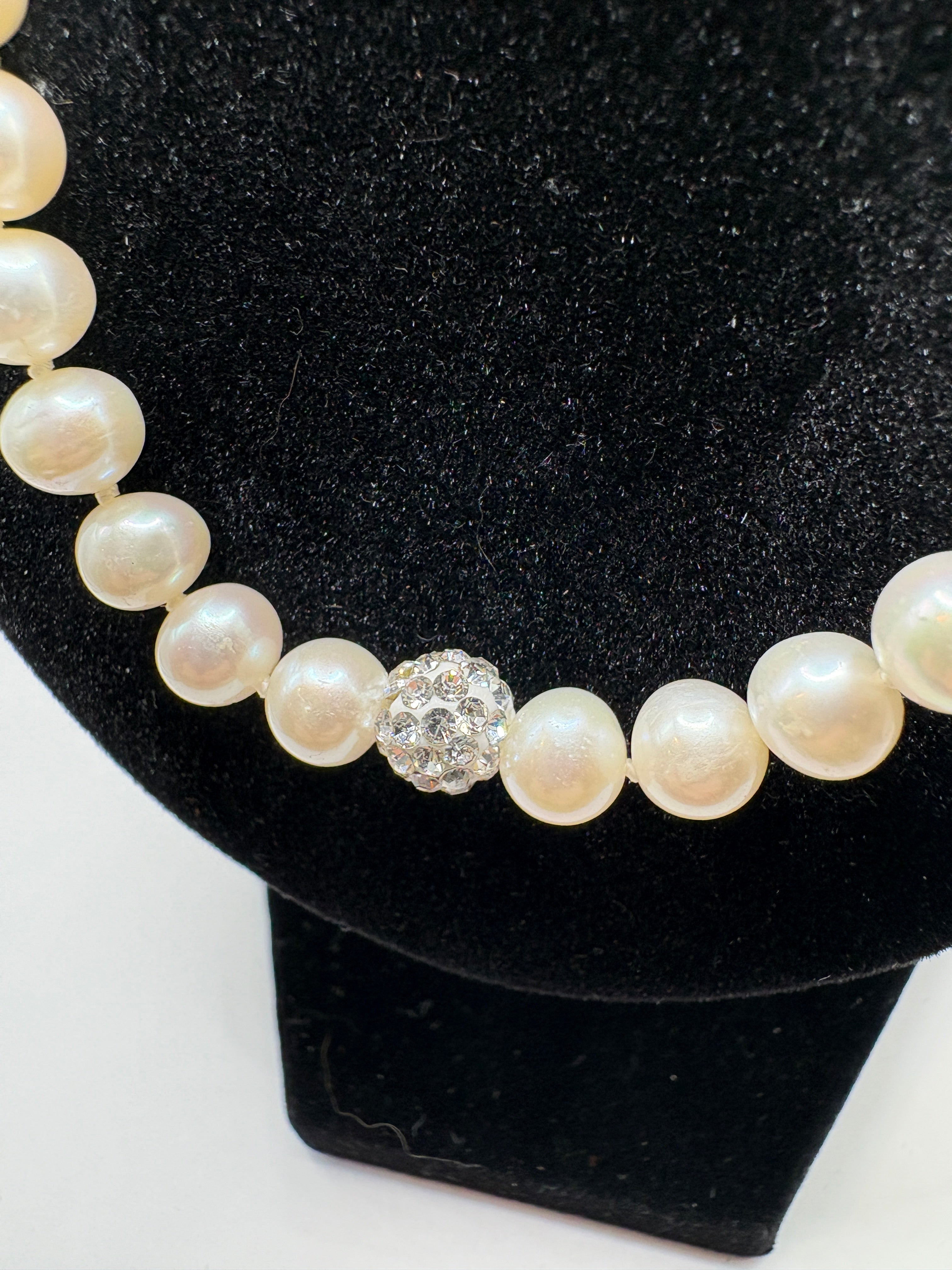 Genuine Hand-knotted Pearl Strand Necklace with Pave Crystal Accent Bead - NWT