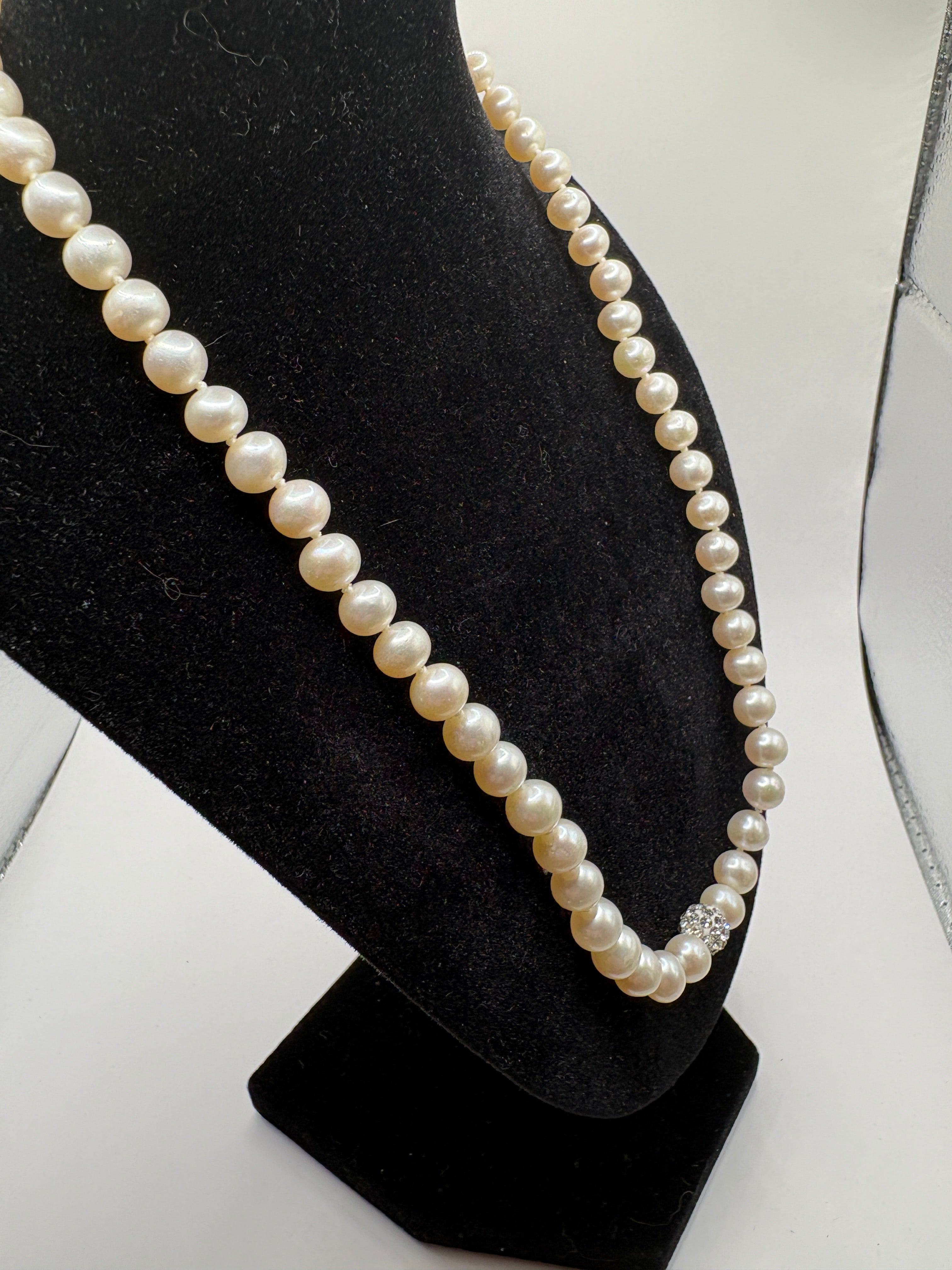 Genuine Hand-knotted Pearl Strand Necklace with Pave Crystal Accent Bead - NWT