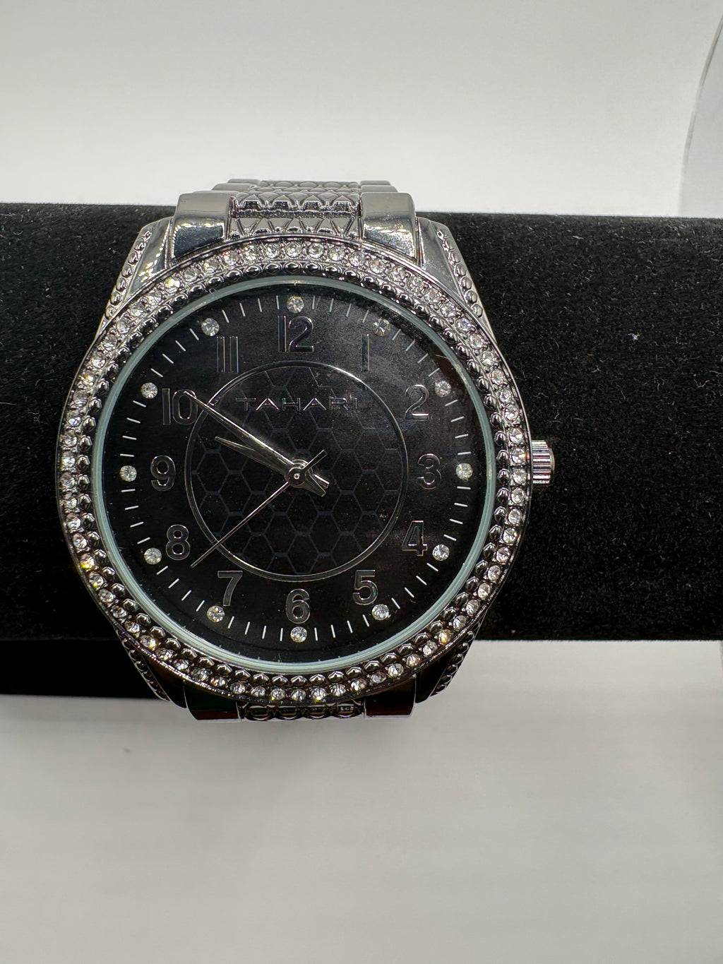 Tahari Crystal Bezel Black Dial Silver Watch