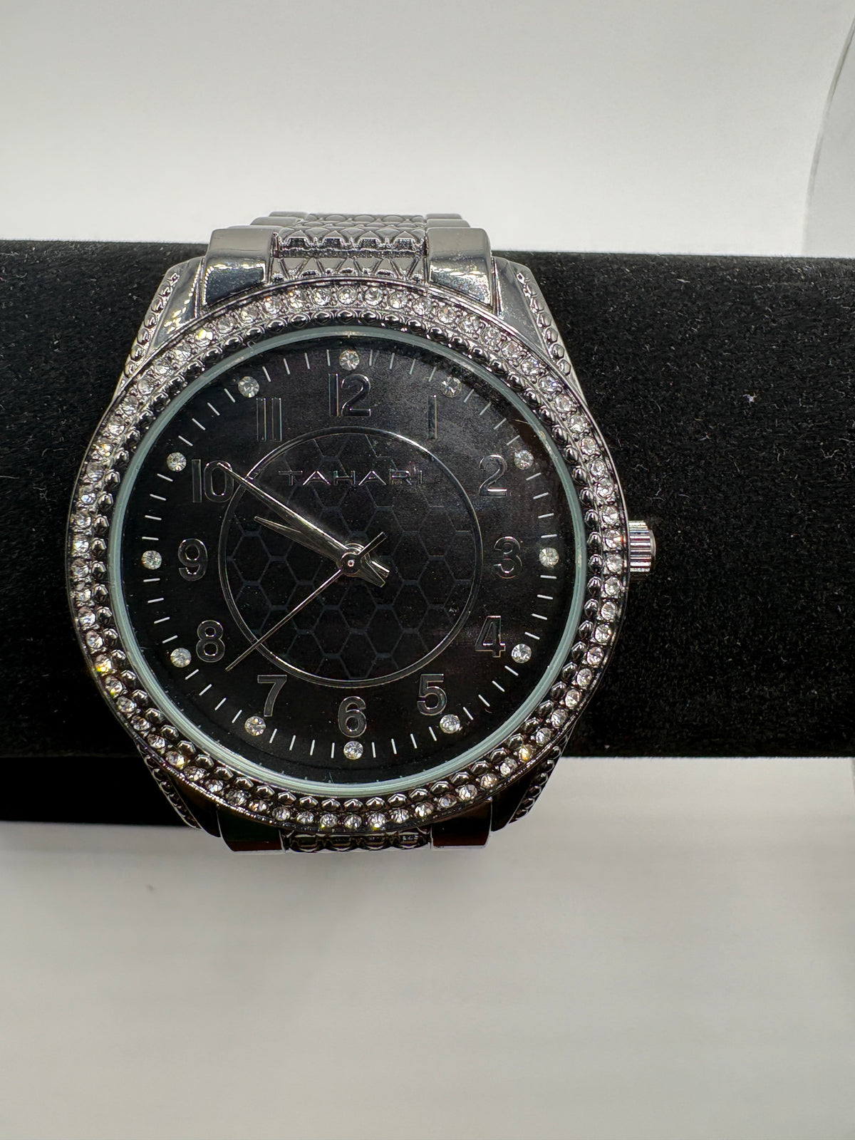 Tahari Crystal Bezel Black Dial Silver Watch