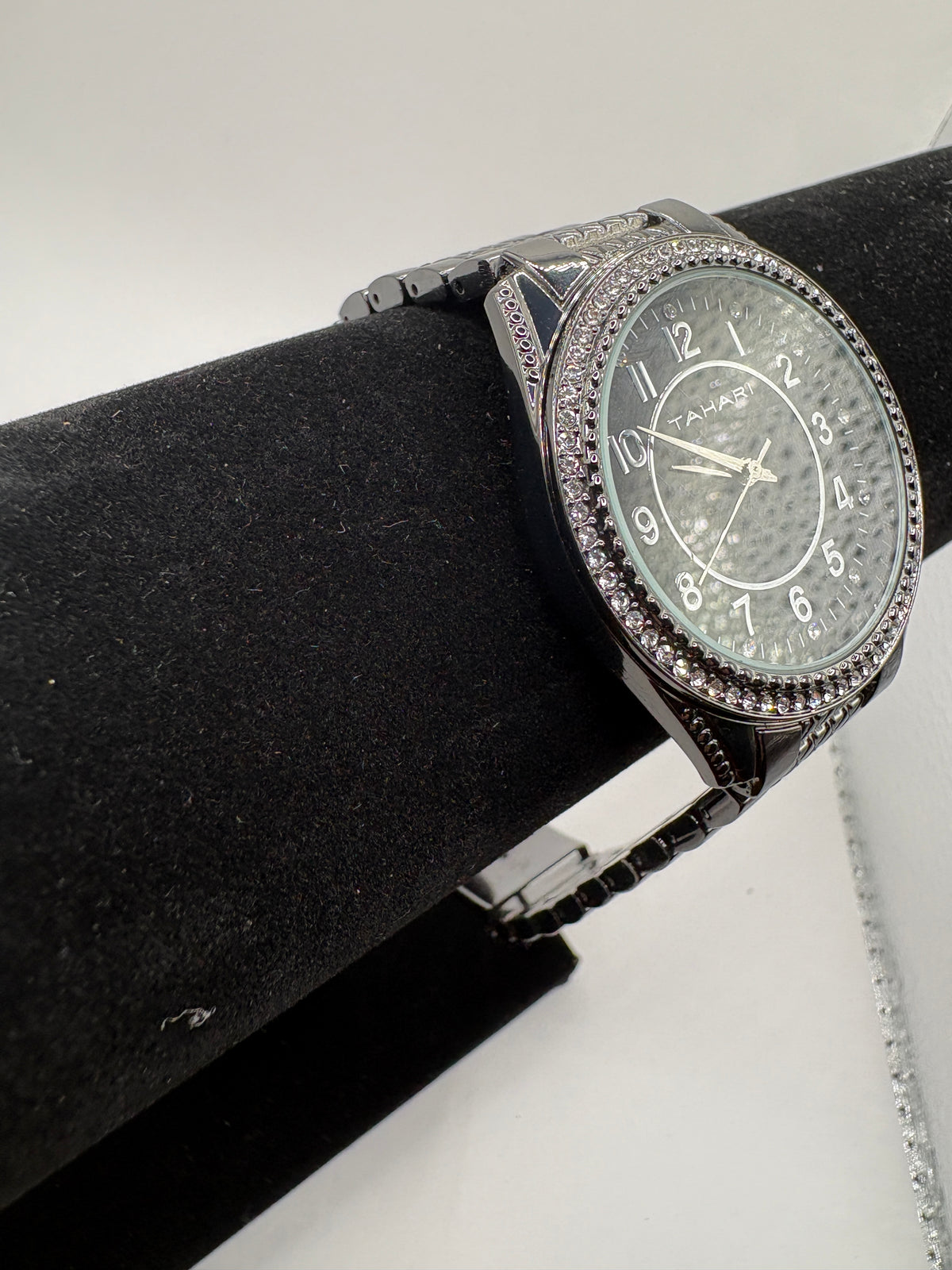 Tahari Crystal Bezel Black Dial Silver Watch