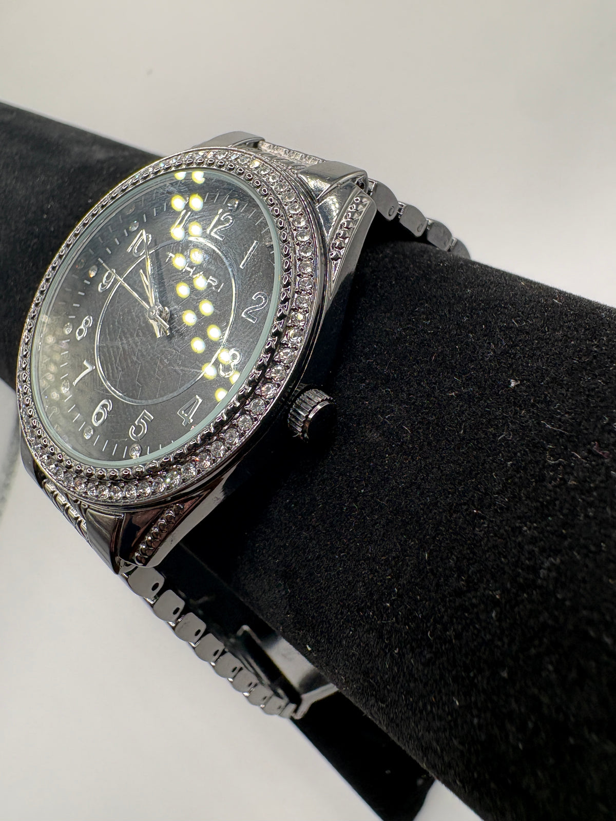 Tahari Crystal Bezel Black Dial Silver Watch