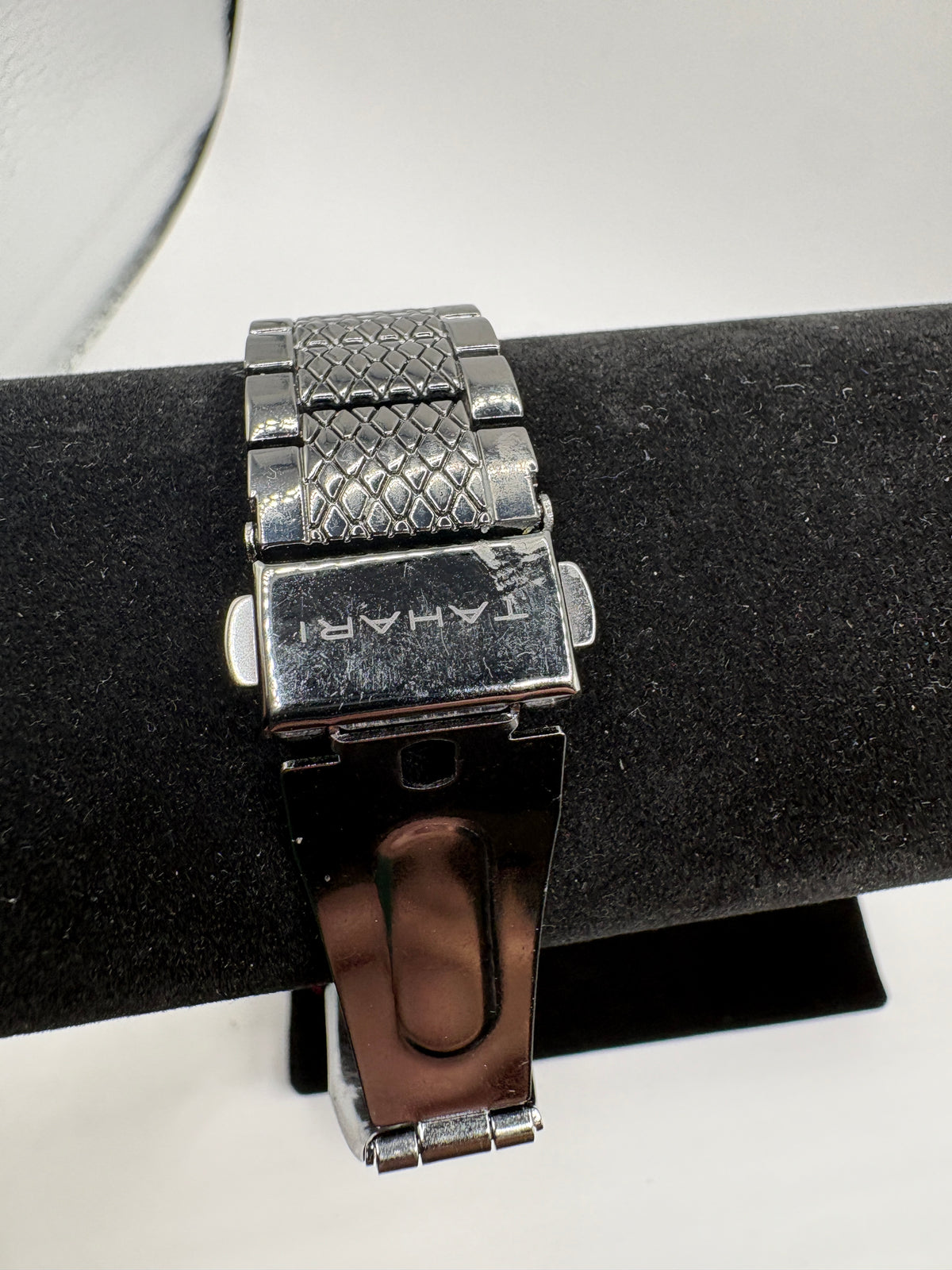 Tahari Crystal Bezel Black Dial Silver Watch