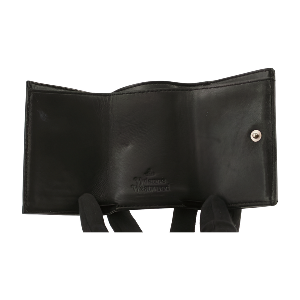 Black leather wallet with a visible brand logo on a white background
