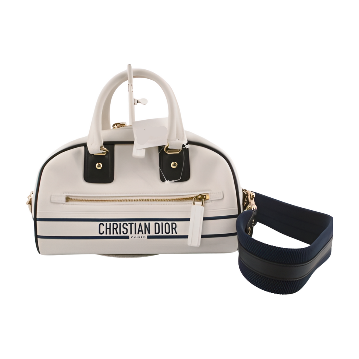 White handbag with black accents and 'Christian Dior' branding on a white background