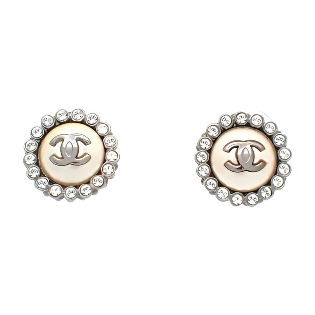 6377 - Chanel Coco Mark Pearl and Rhinestone Stud Earrings - Silver