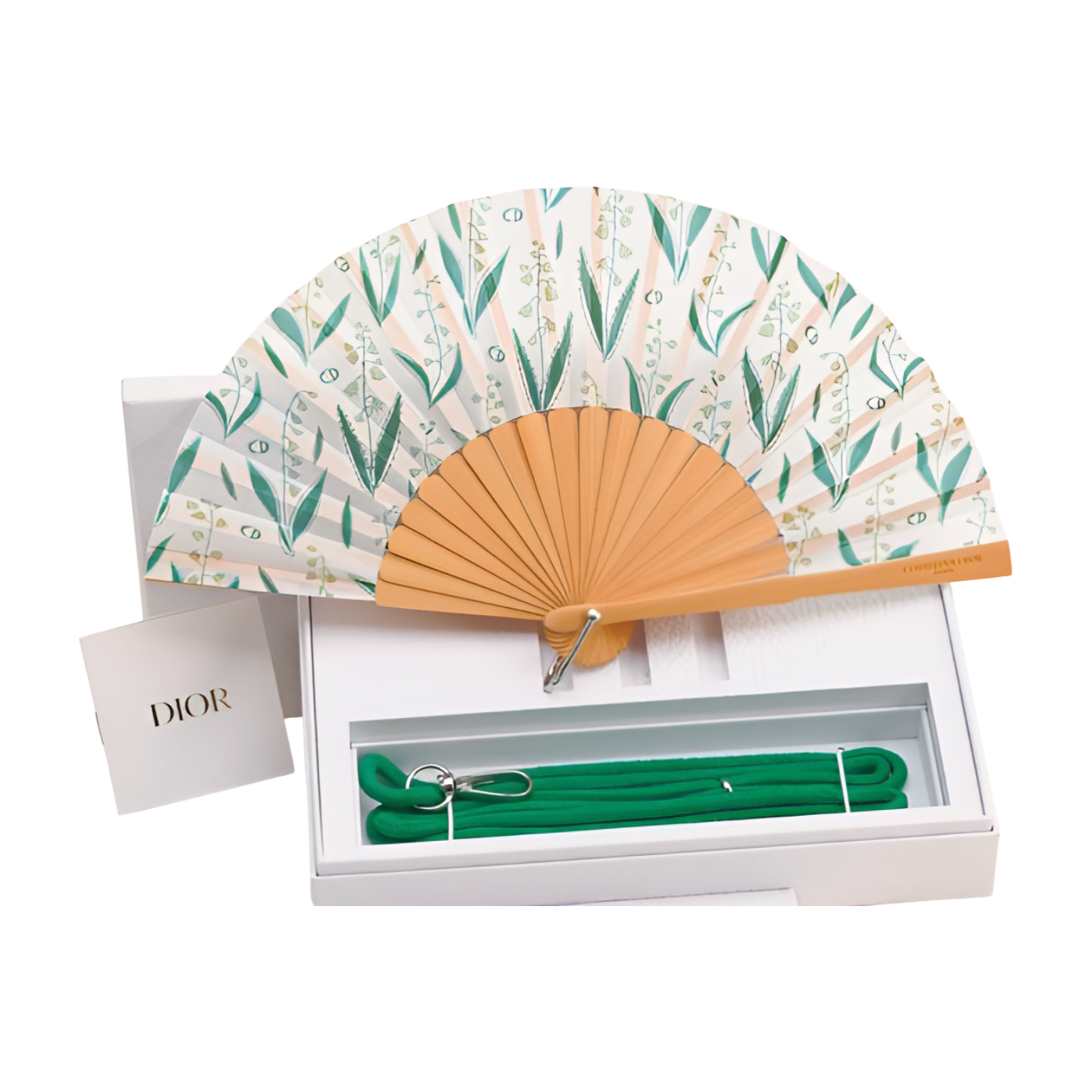 6702 - Dior SFan With Strap White/Green - NIB