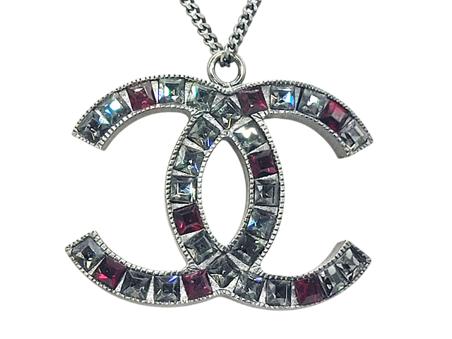 6873 - Chanel CC Coco Mark Large Crystal Rhinestone Necklace Silver