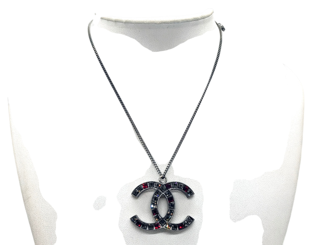 6873 - Chanel CC Coco Mark Large Crystal Rhinestone Necklace Silver